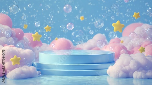 Pastel podium clouds stars bubbles product presentation