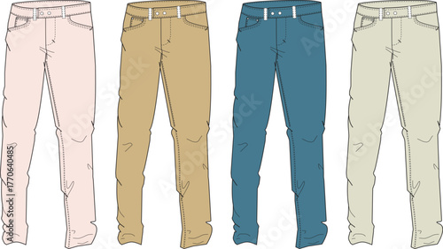Vector illustration of four pairs of casual men's pants in different colors, representing versatile fashion and wardrobe essentials