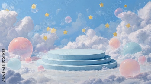 Pastel podium clouds stars bubbles product presentation