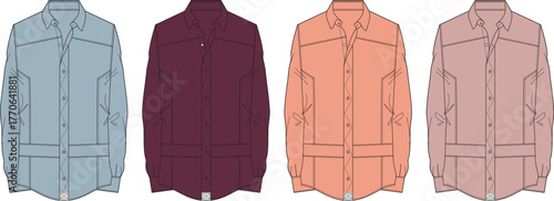 Vector illustration of men's casual long-sleeve button-up shirts. Features diverse colors, chest pockets, and a structured design for fashion and apparel concepts