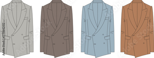 Flat vector illustrations of classic double-breasted men's suit jackets in versatile colors, perfect for fashion design resources, style guides, and apparel concept development