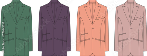 A quartet of finely tailored jackets in varying shades of green, purple, peach, and pink