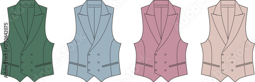 A stylish set of classic men's double-breasted waistcoats in multiple colorways. Vector fashion illustration for apparel design and tailoring
