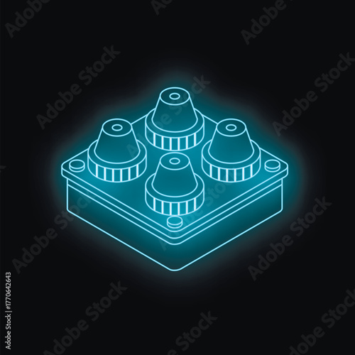 Futuristic control panel emitting neon light, featuring four knobs for precise adjustments in a dark environment