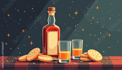 Whiskey bottle and cookies on table with festive starry background  