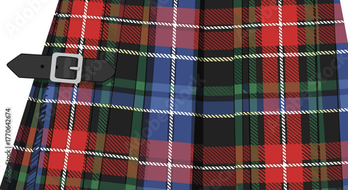 Tartan kilt with a black buckle in traditional Scottish design  
