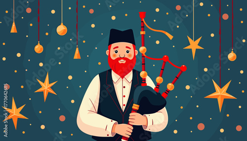 A man playing the bagpipes, with stars and decorations against a festive backdrop — the concept of Hogmanay.
