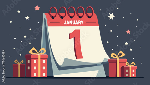 Calendar showing January 1 with wrapped gifts and a starry background   Hogmanay.