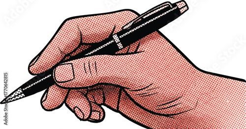 Pop art hand holding pen illustration, hand with a pen