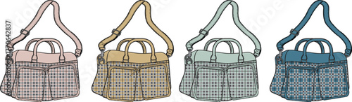 Collection of Four Stylish Handbags in Pastel Colors with Geometric Patterns and Adjustable Straps