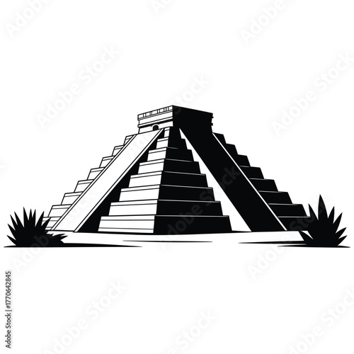 Stylized sketch of a mayan pyramid with staircase and vegetation