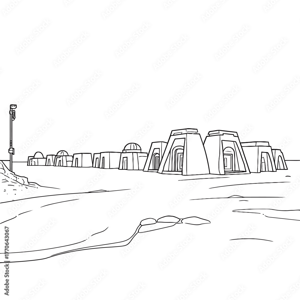 Obraz premium Sketch of ancient village with round huts and a tall pole