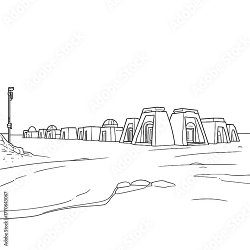 Sketch of ancient village with round huts and a tall pole