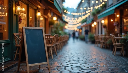 Empty chalkboard sign outside cafe on cobblestone street with tables and chairs. String lights illuminate urban alleyway. Outdoor seating available at dusk.