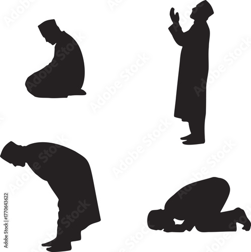 Muslim Prayer Silhouette Vector,  Islamic Worship Positions Illustration, Religious Faith, Black and White Graphic Design
