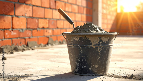  A bucket filled with wet cement or mortar with a trowel handle sticking out          