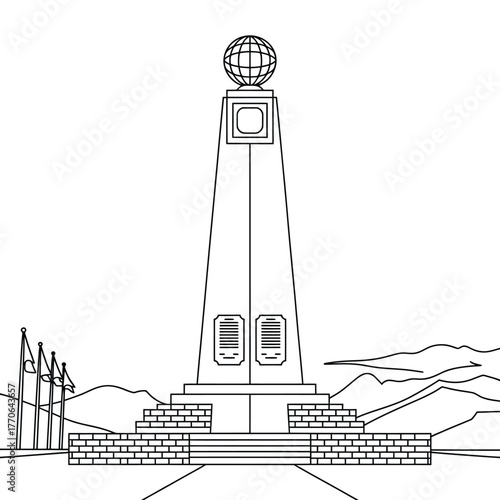 Monumental tower with globe at top and stylized landscape