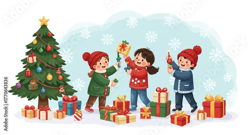 Kids decorating a Christmas  illustratio