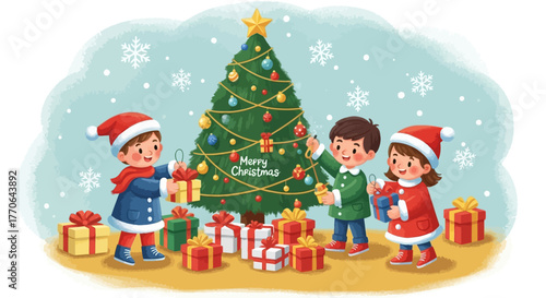 Kids decorating a Christmas  illustratio