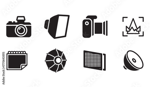 Minimalist black icons set for photography modifiers and lighting equipment: camera, softbox, video camera, focus, notebook, aperture, grid, reflector — ideal for photo education, UI design and camera