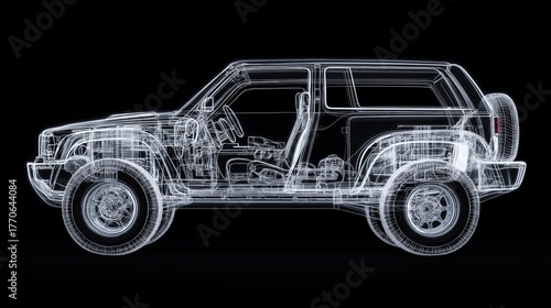 Digital 3d wireframe model of off-road car for automotive design and engineering visualization