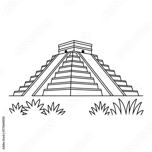 Hand drawn sketch of a mayan pyramid with grass in the foreground