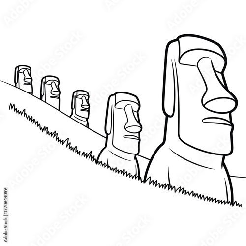 Line of moai statues on easter island in a stylized drawing