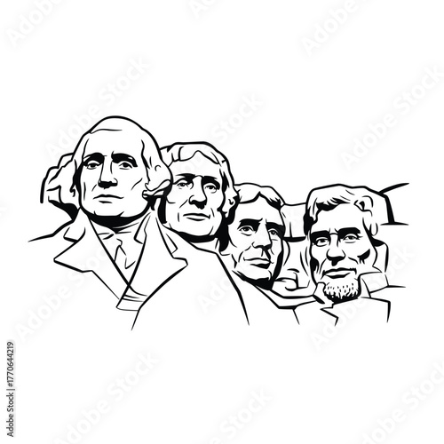 Black and white line drawing of mount rushmore presidential monument