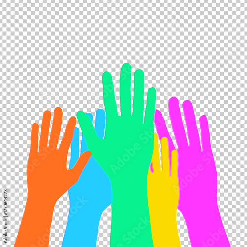 Colorful Raised Hands Vector Isolated on Transparent Background