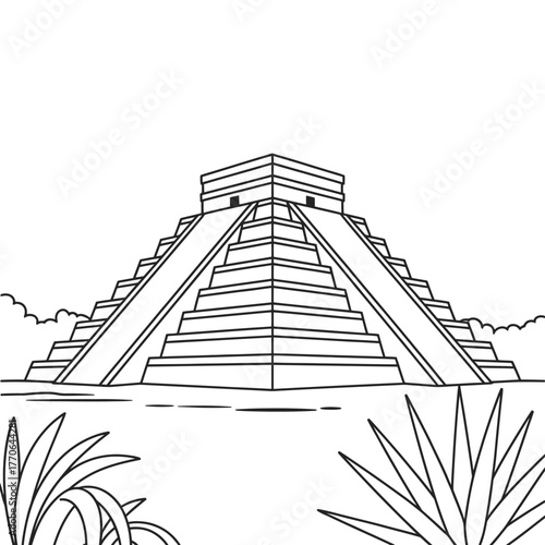 Black and white outline drawing of ancient mayan pyramid with tropical foliage
