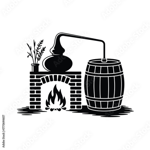 Vintage distilling equipment with barrel and fireplace illustration