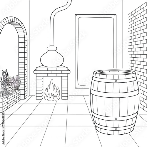 Line drawing of a rustic distillery with a barrel and fireplace