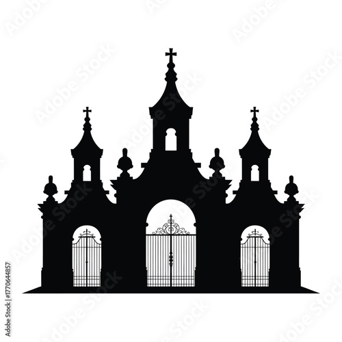 Silhouette of a grand baroque church facade with ornate details