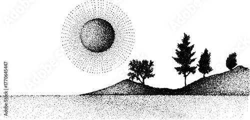 Tranquil landscape with sun and trees in vintage halftone dotwork style