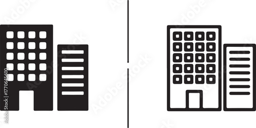 Black and white apartment building icons diverse heights cityscape real estate symbol