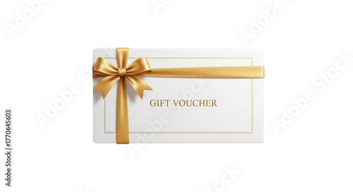 Elegant white gift voucher with a luxurious golden ribbon and bow.