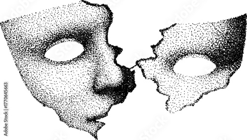 Broken mask revealing skull - black and white dotwork illustration for creative design