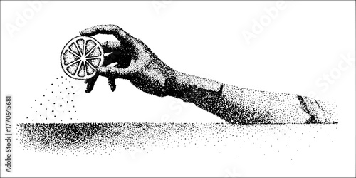 Broken statue hand holding lemon slice in vintage dotwork style for design projects