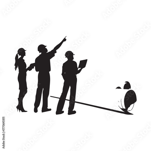 Silhouettes of three construction workers observing a large pipe on a white background Keywords: silhouette, construction, workers, engineers, team, planning, discussion, pointing, tablet, pipe