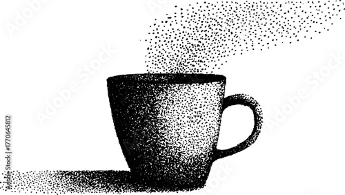 Black and white ceramic coffee mug illustration with stipple effect