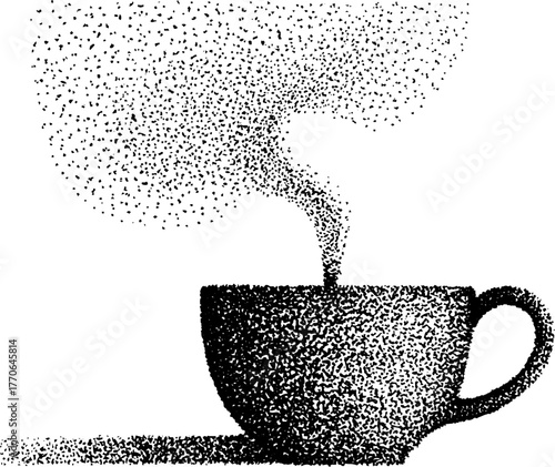 Black and white ceramic coffee mug illustration with smoke in pointillism style