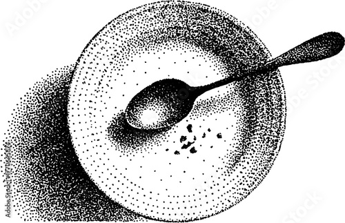Monochrome dotwork of ceramic plate with spoon and crumbs - vintage design for artistic display