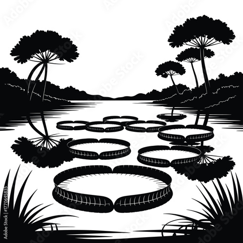 Black and white silhouette of a serene pond with lily pads and trees