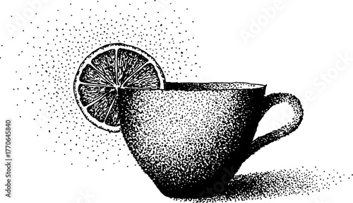 Black and white ceramic teacup with lemon slice in vintage stipple effect