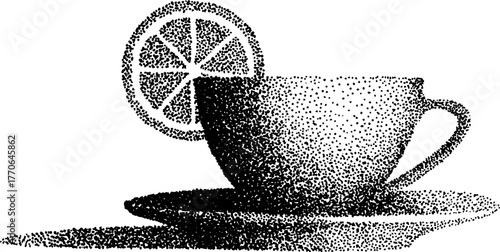 Vintage ceramic teacup with lemon in halftone style for art and design projects