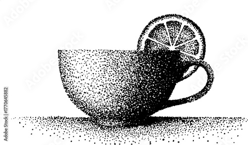 Black and white illustration of a ceramic teacup with lemon slice in halftone style