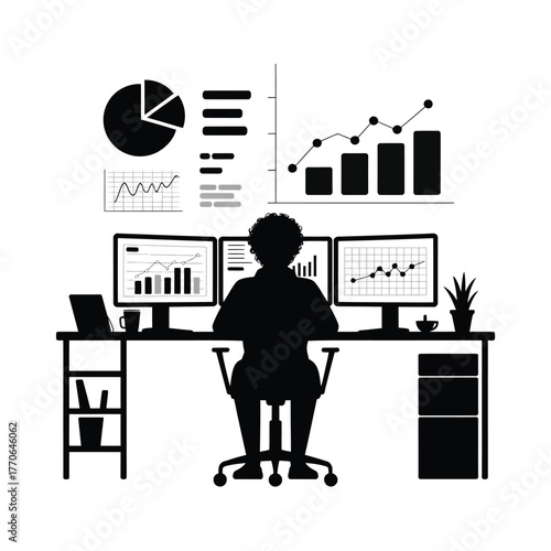 Silhouette of a person working at a desk with multiple computer monitors displaying charts