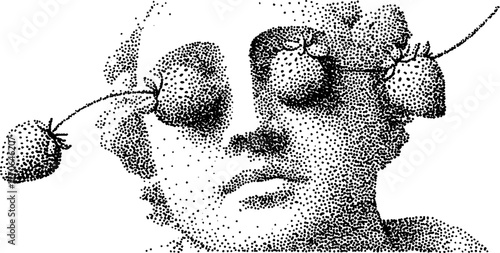 Surreal black and white stipple art of classical bust with strawberries