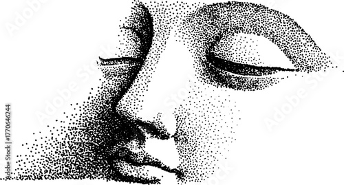 Classical bust with closed eyes in black and white dotwork art