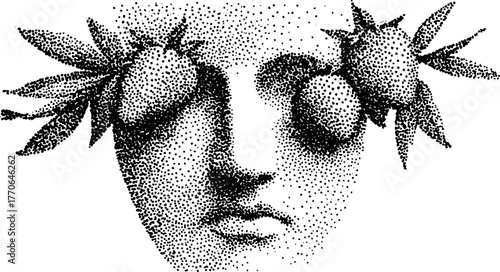 Surreal classical bust with strawberry eyewear in stipple art style